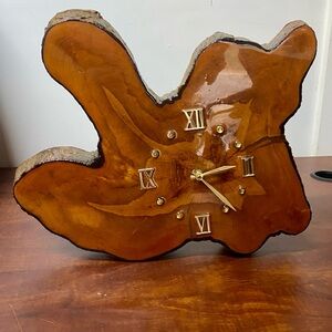 Vintage Live Edge MCM Lacquered Burl Wood Clock